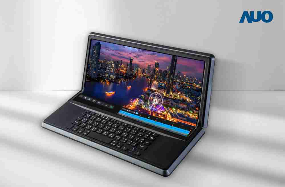 赏金国际14.6吋Micro LED折迭显示屏幕，，，，搭配半径4mm的弯折绞炼，，以及高画素、、、、高亮度、、高对比度的显示技术特点，，即便在大视角下仍保有绝佳色相与亮度